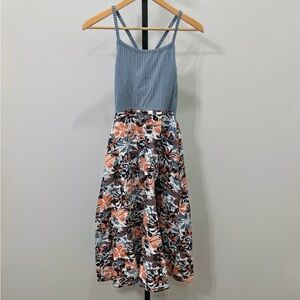 Pact Blue Stripe and Floral Sleeveless Cotton Midi Dress Small Floral Summer